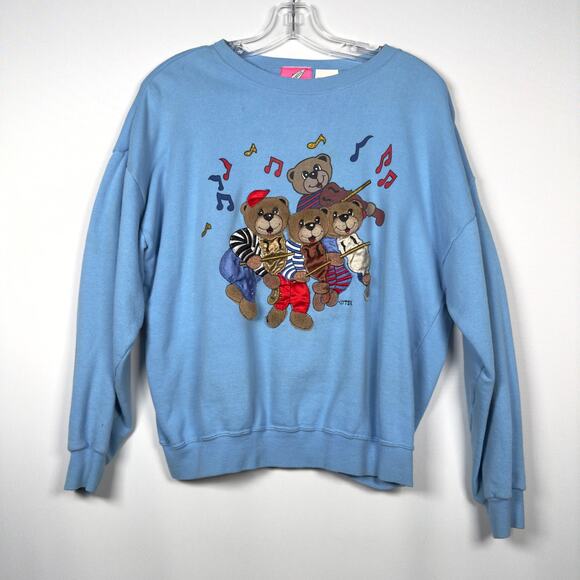 Vintage 80s Pinwheel 3D Fuzzy Teddy Bears Playing Music Teacher Crewneck Size M - Picture 2 of 7